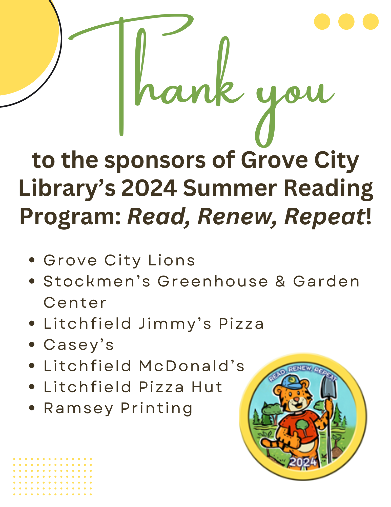 Grove City Public Library Thank You to Our Summer Reading Sponsors
